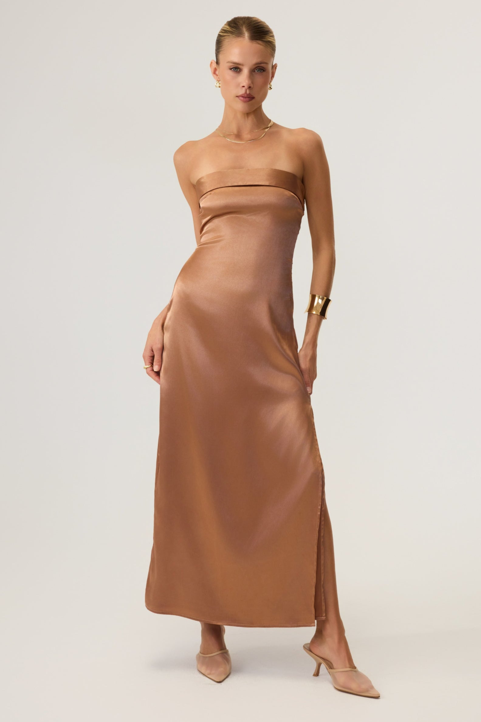 Avalon Satin Midi Dress Mocha - Eco-Certified L / Brown / Asahi eco- 96% Recycled Polyester 4% Spandex Avalon Satin Midi Dress Mocha - Eco-Certified L / Brown / Asahi eco- 96% Recycled Polyester 4% Spandex
