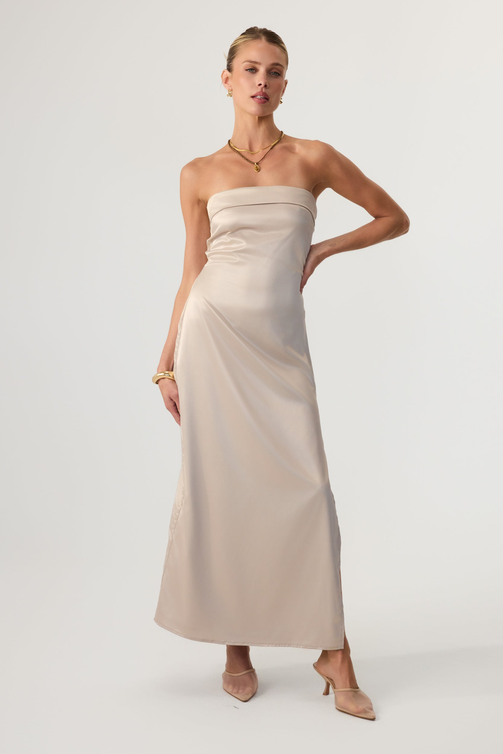 Avalon Satin Midi Dress Sand - Eco-Certified