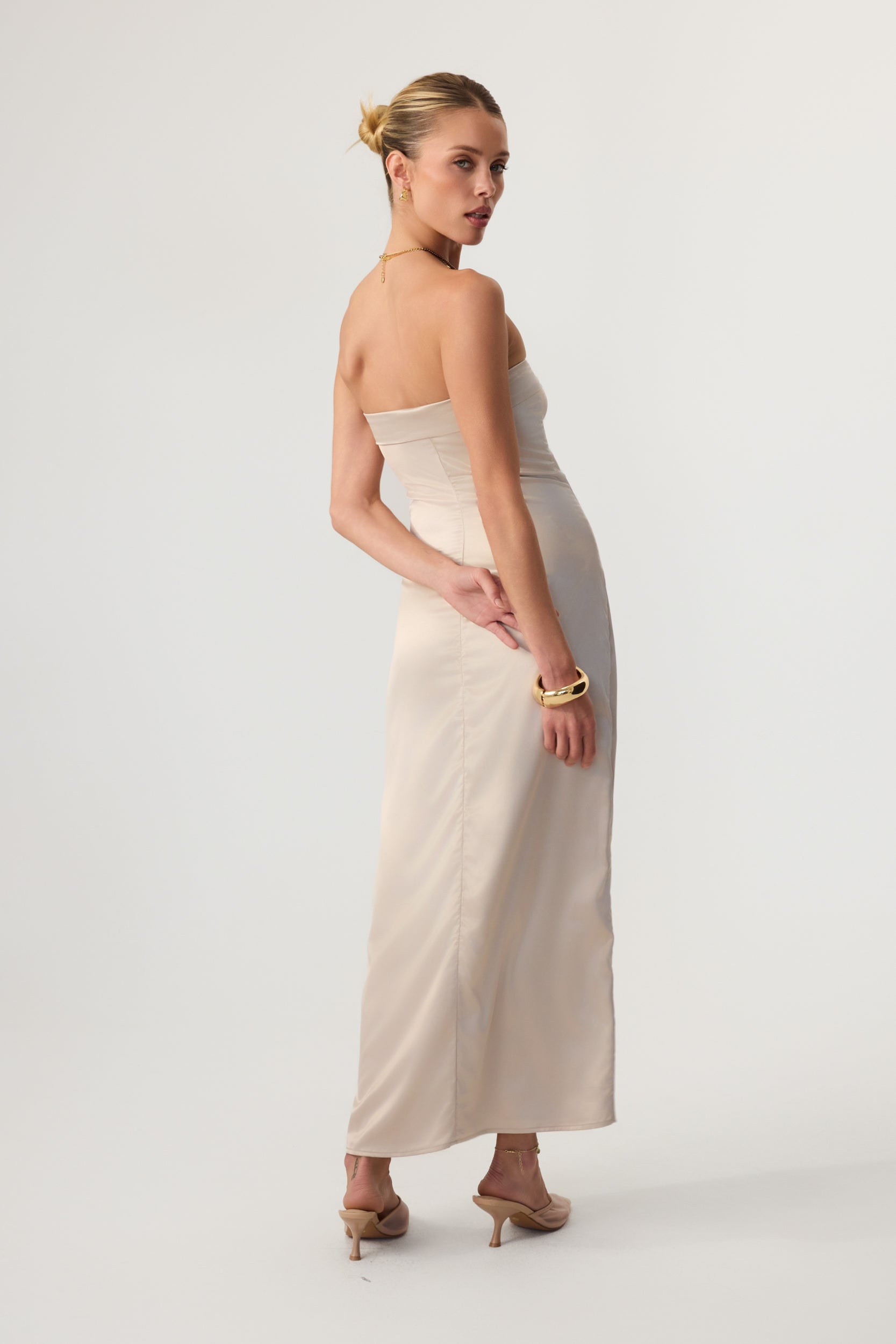 Avalon Satin Midi Dress Sand - Eco-Certified