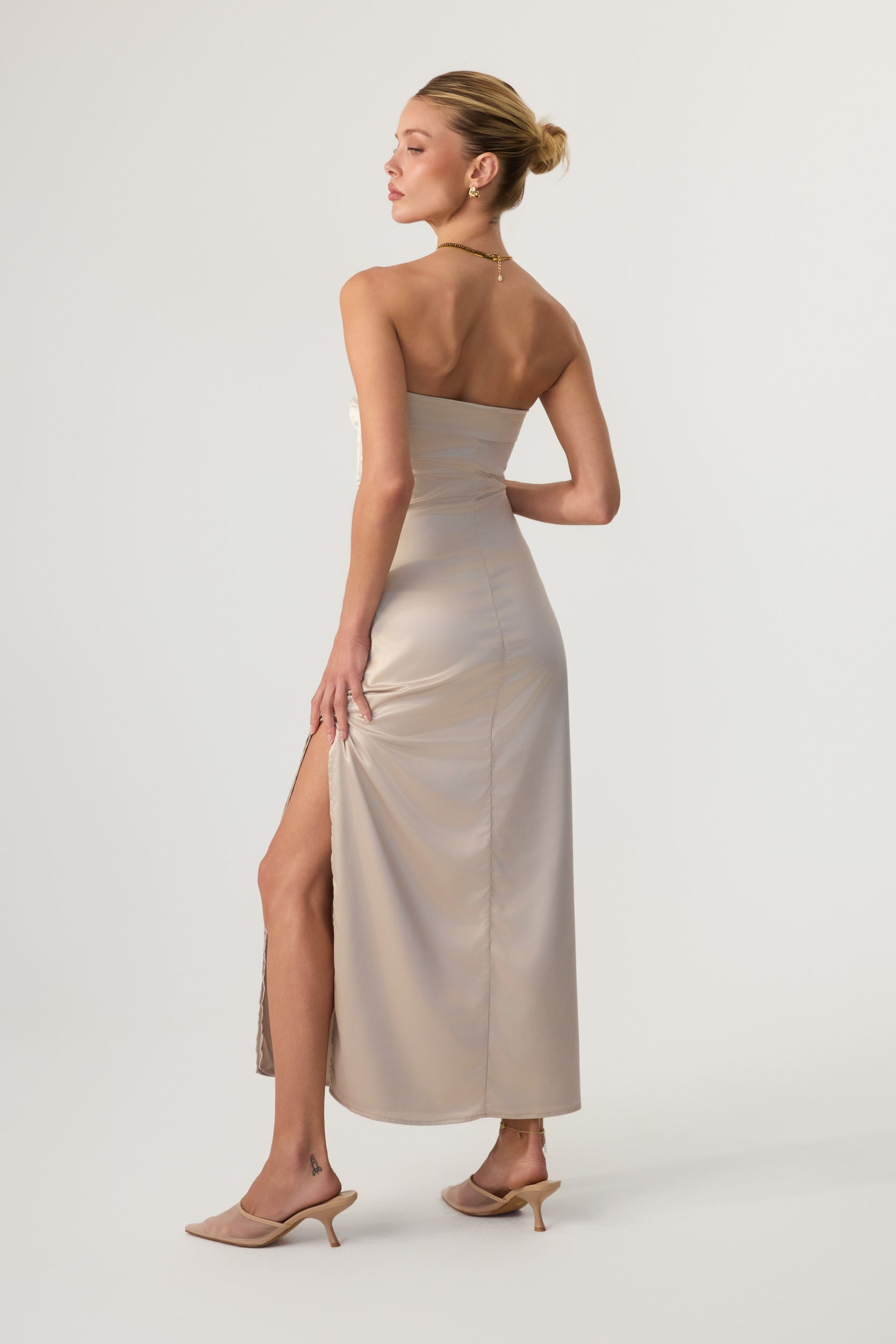 Avalon Satin Midi Dress Sand - Eco-Certified