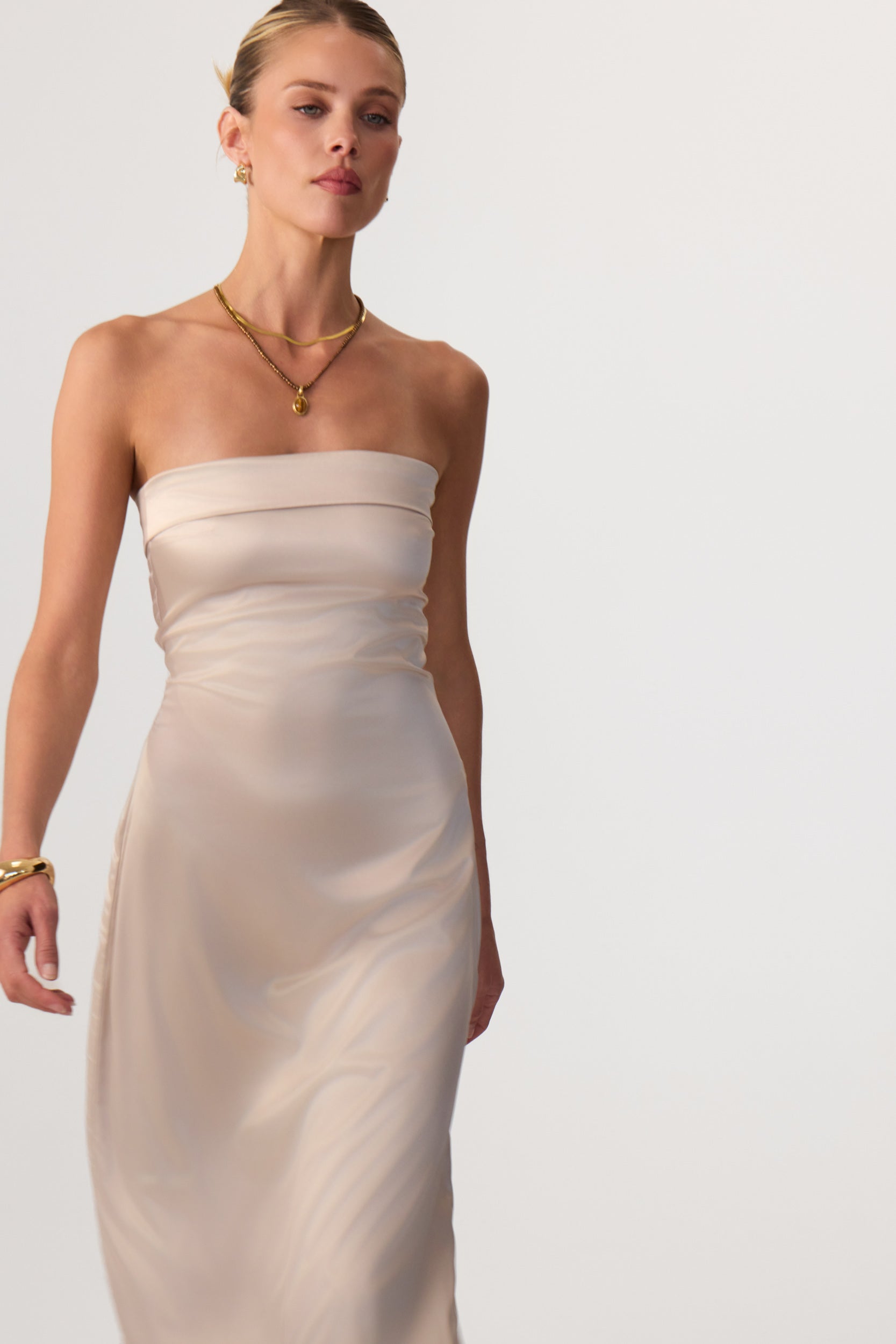 Avalon Satin Midi Dress Sand - Eco-Certified