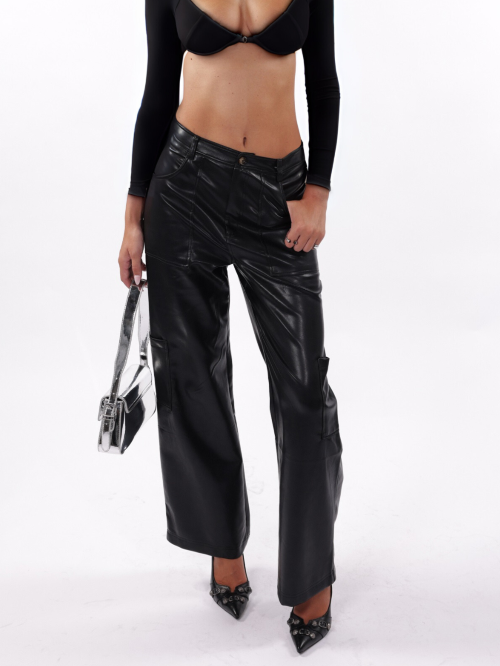 It Girl Cargo Trousers Faux Leather Black