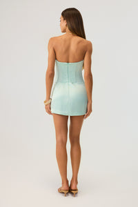 draped corset mini dress in aqua Corset 3D floral aqua midi dress with straps and lace up back design. Accept custom orders. #dress #gown #fashion #promdress #fashiondesigner #fashionblogger #wedding #wedding #weddingpartydress #hautecouture #fashionweek #elegant #corsetdress
