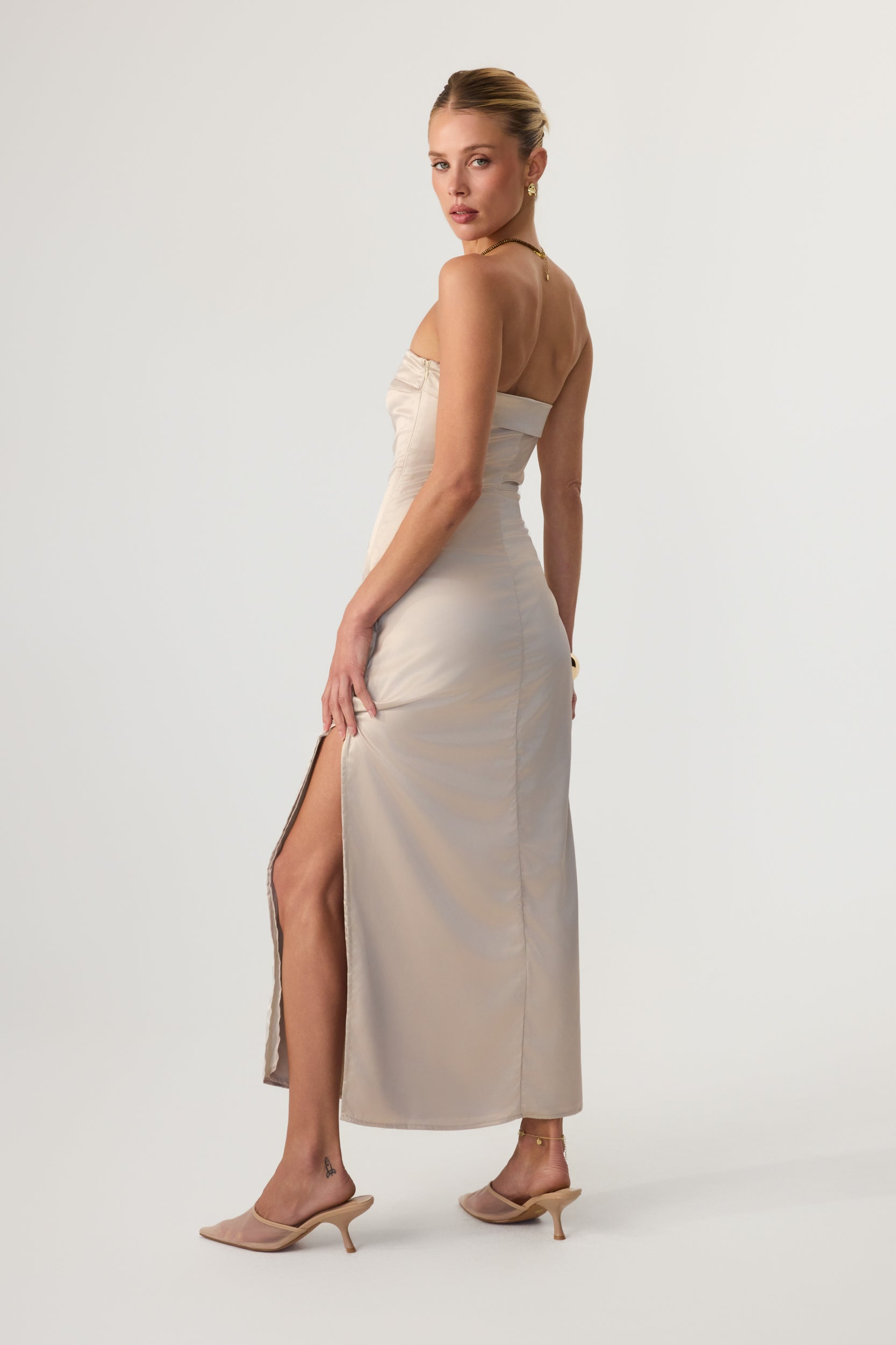 Avalon Satin Midi Dress Sand - Eco-Certified