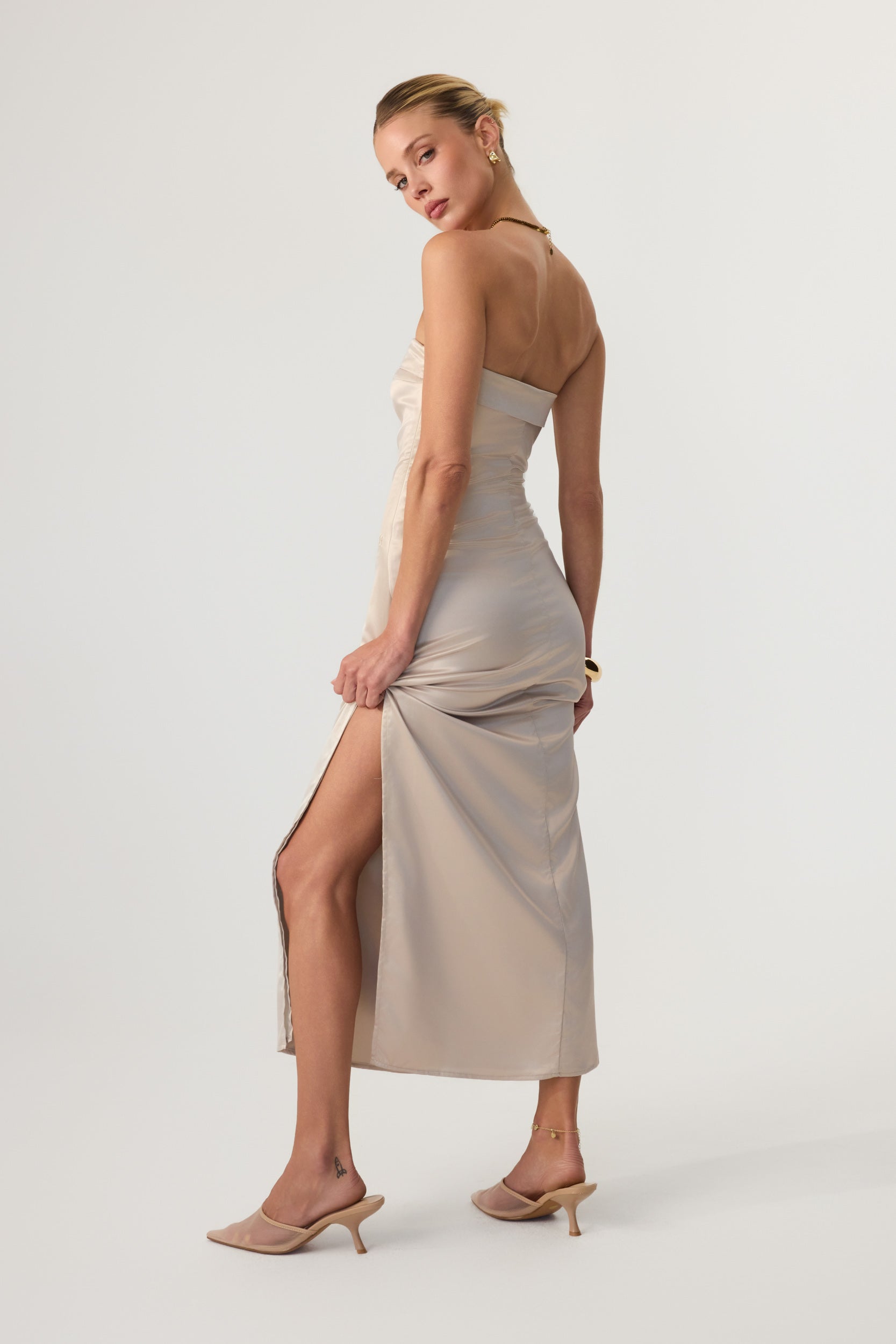 Avalon Satin Midi Dress Sand - Eco-Certified