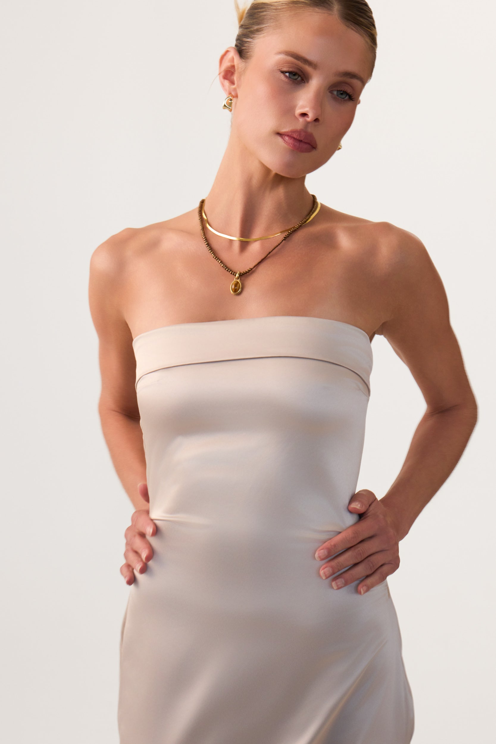 Avalon Satin Midi Dress Sand - Eco-Certified
