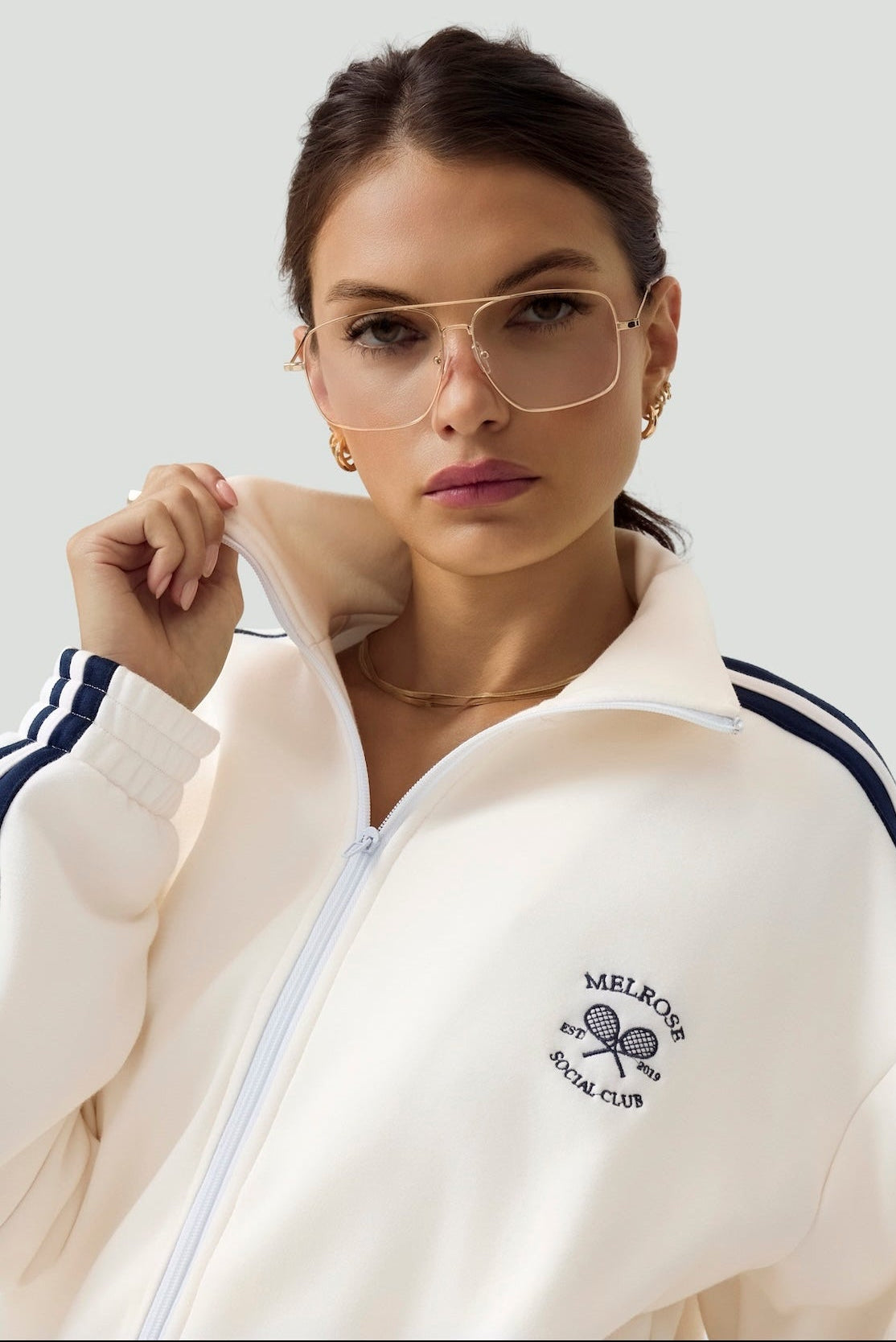 Melrose Social Club Fleece Track Jacket Ivory Eco-Certified