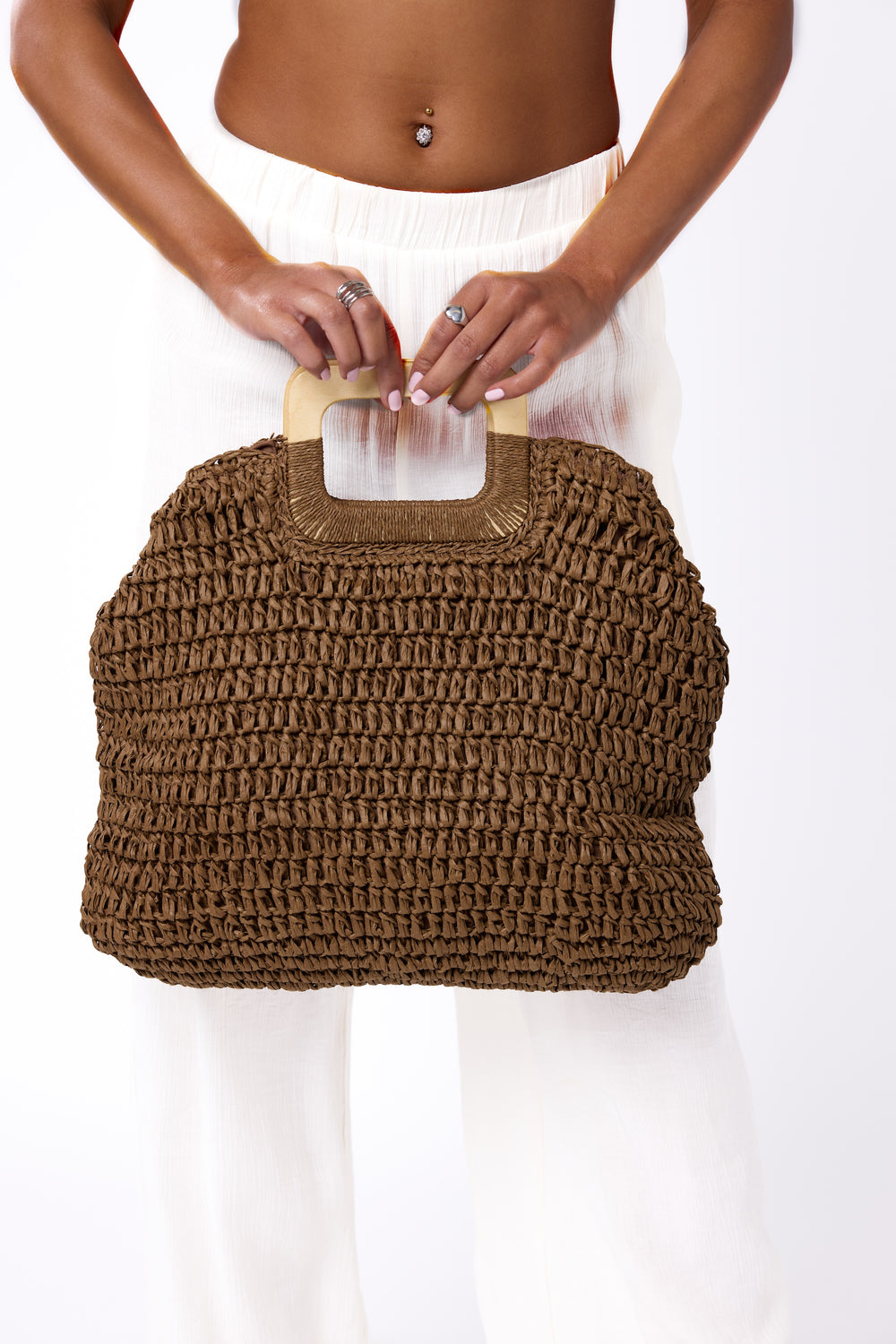 Melie Bianco Brown Eco-Friendly Straw Wooden Handle Tote Bag