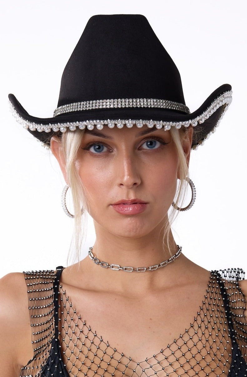 Cowboy Era Rhinestone & Pearl Hat Black