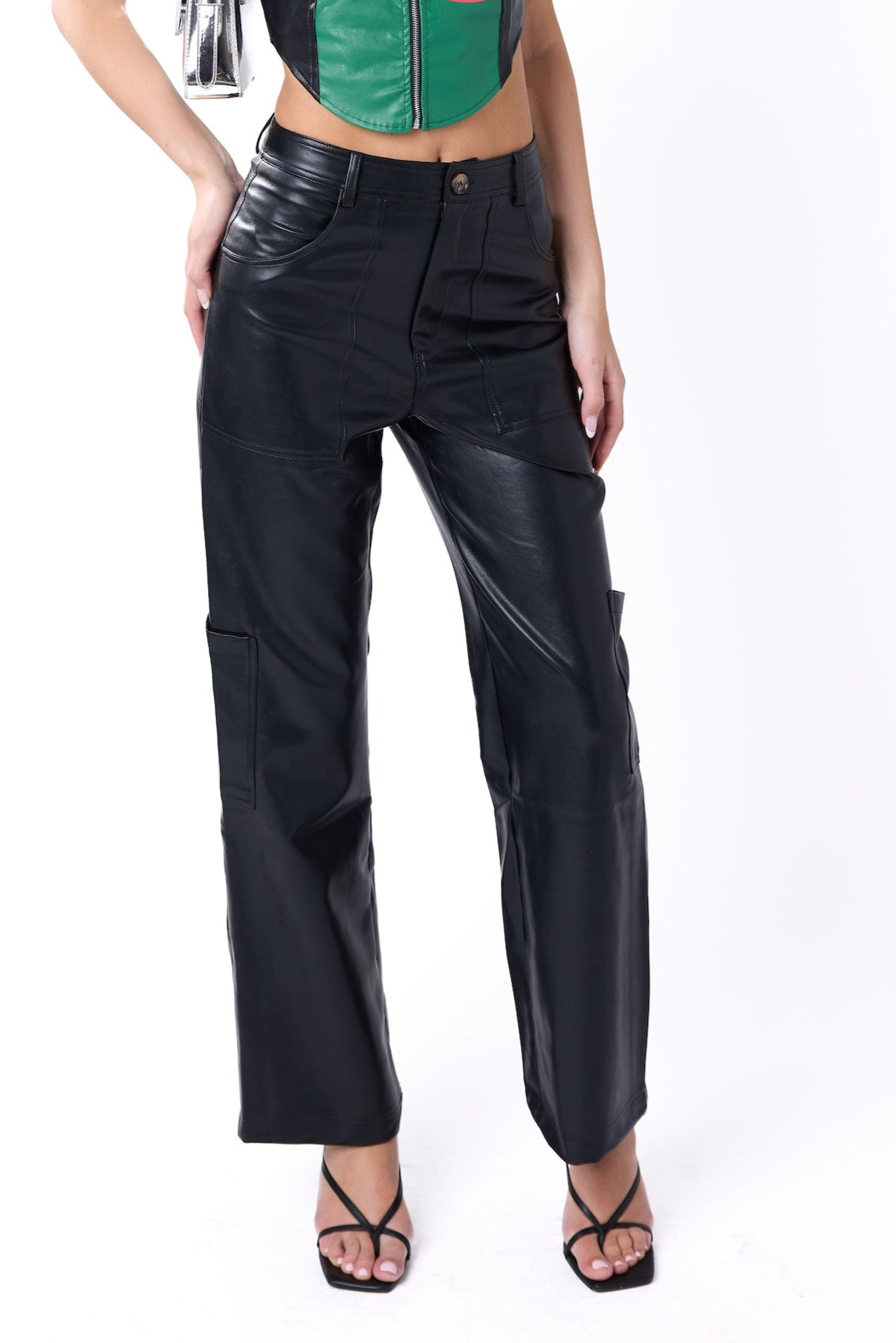 It Girl Cargo Trousers Faux Leather Black