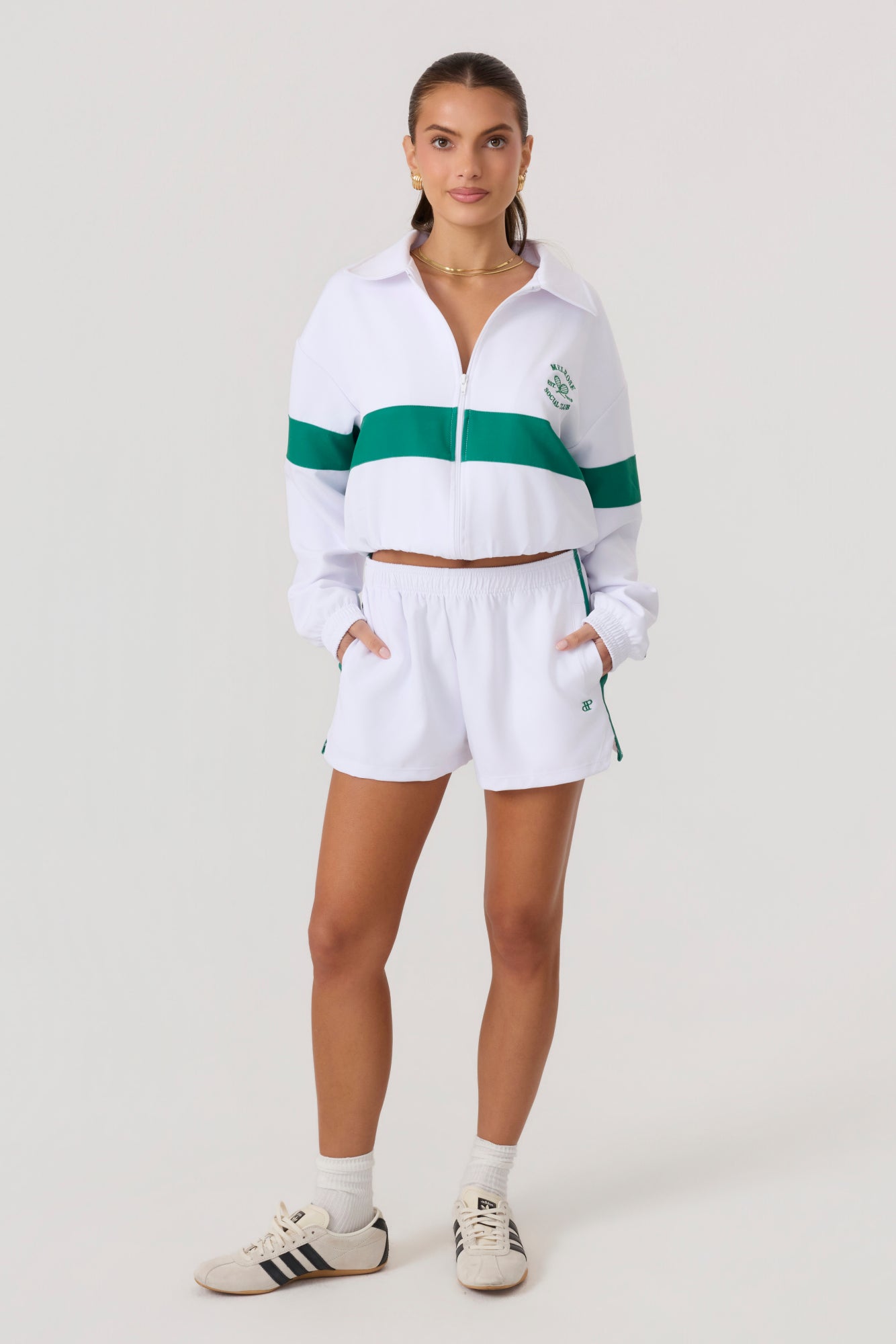 Melrose Social Club Track Shorts White Green - Eco-Certified