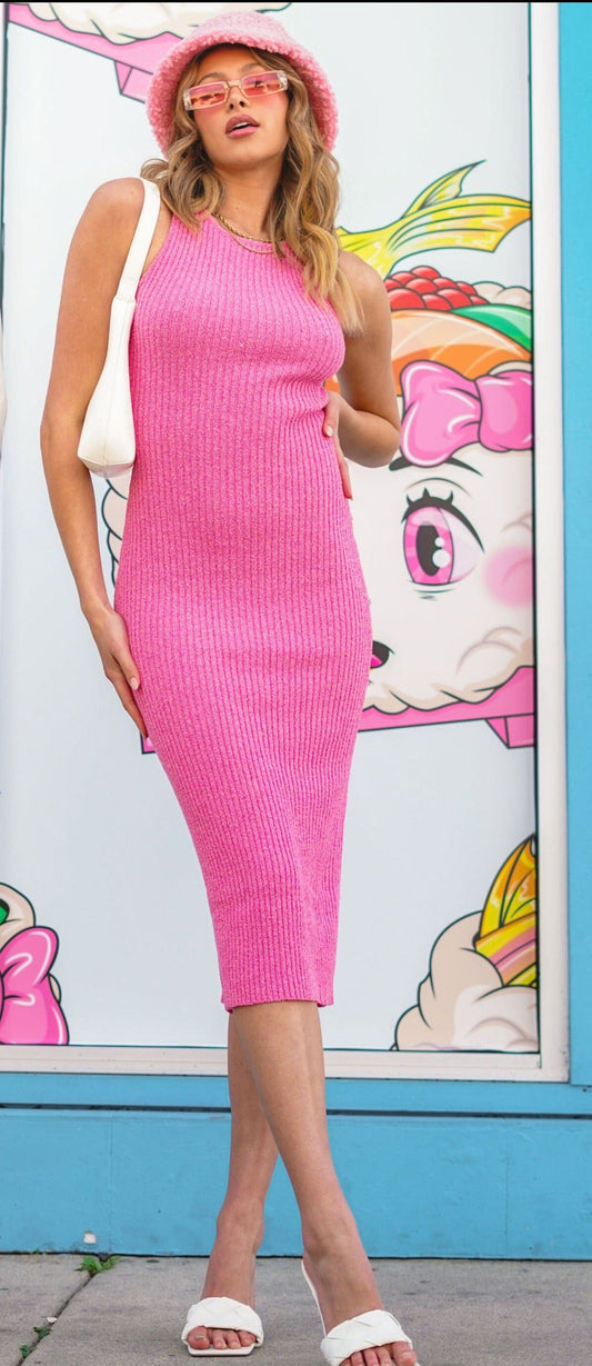Baby Pink Knit Midi Dress Dresses HYPEACH 