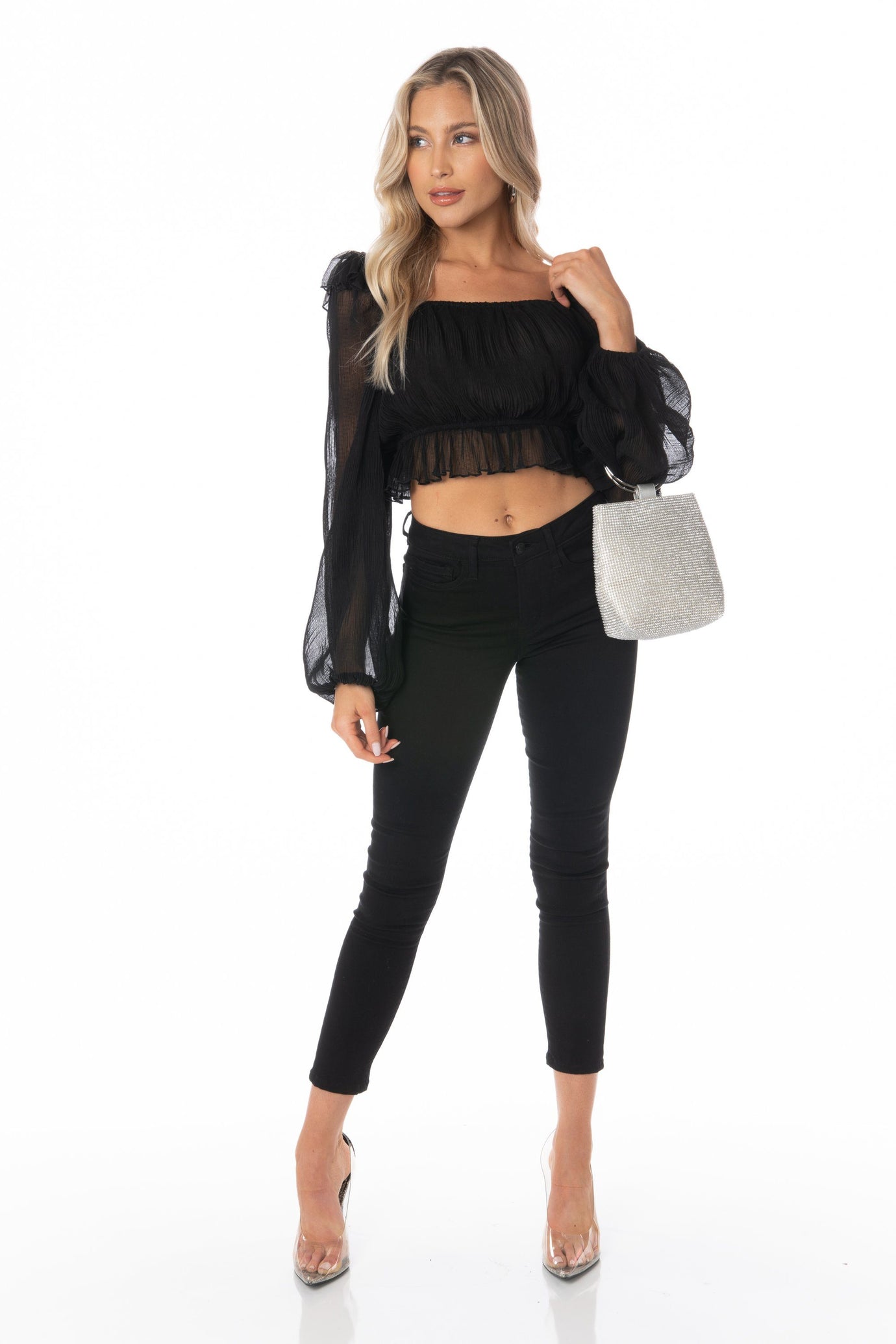 Black Sheer Long Sleeve Square Neck Cropped Blouse Tops HYPEACH BOUTIQUE 