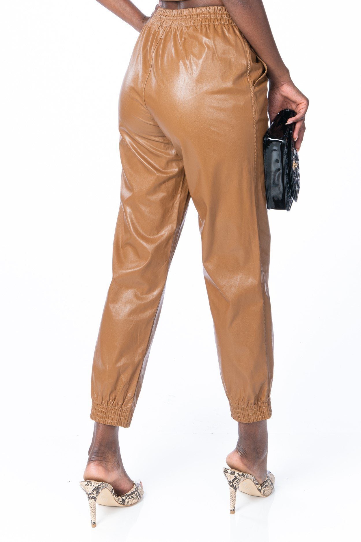 Caramel Macchiato Faux Leather Joggers Bottoms HYPEACH BOUTIQUE 