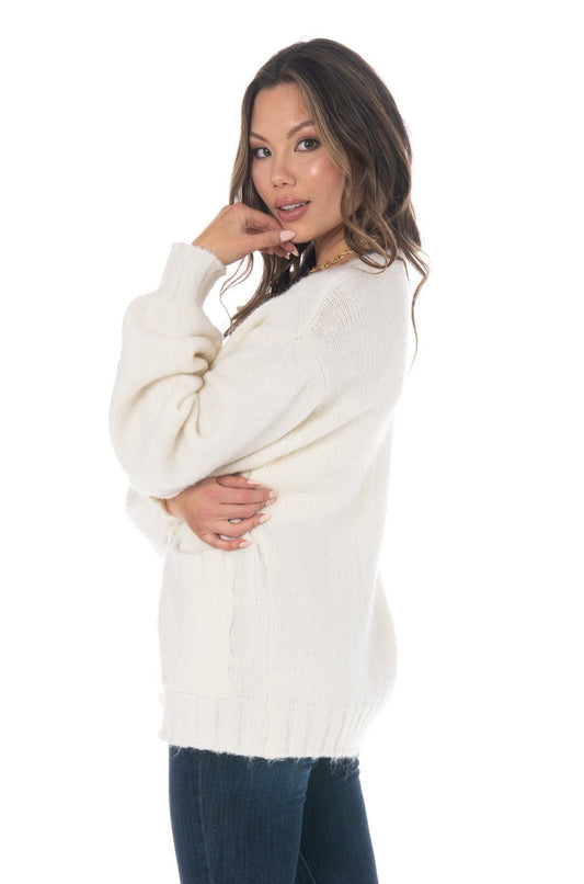 Cream Long Sleeve Oversized Front Pockets Knit Cardigan Sweater Tops HYPEACH BOUTIQUE 