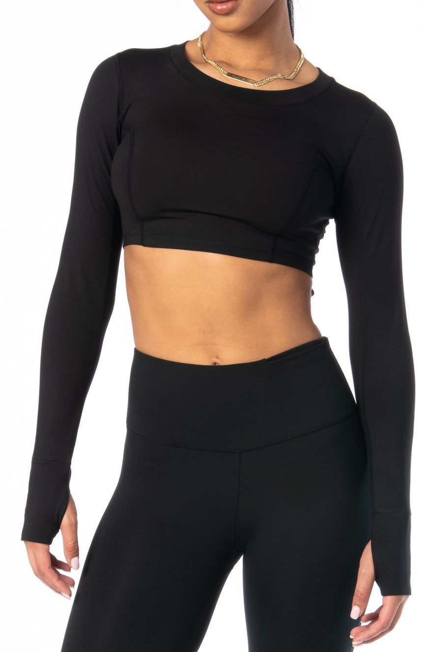 Cropped Long Sleeve with Tie-Back Black Activewear HYPEACH BOUTIQUE 