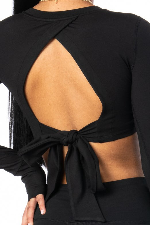 Cropped Long Sleeve with Tie-Back Black Activewear HYPEACH BOUTIQUE 