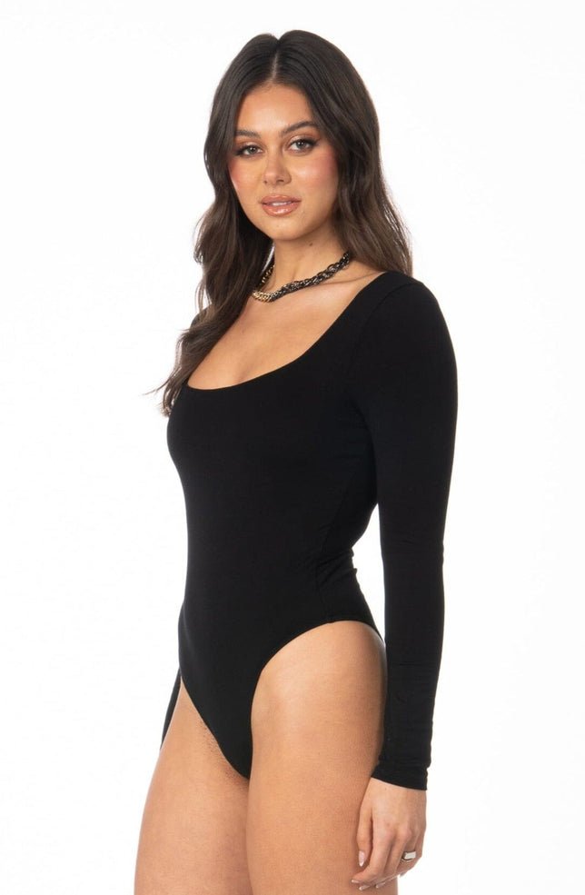 Double Layered Long Sleeve Square Neck Black Bodysuit Tops HYPEACH BOUTIQUE 