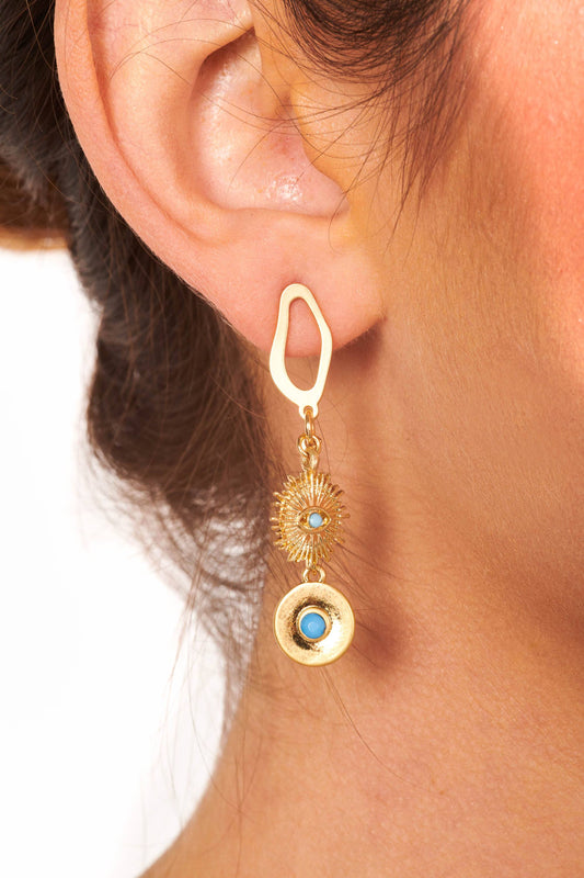 Gold and Turquoise Stone Detail Drop Earrings Accessories HYPEACH 