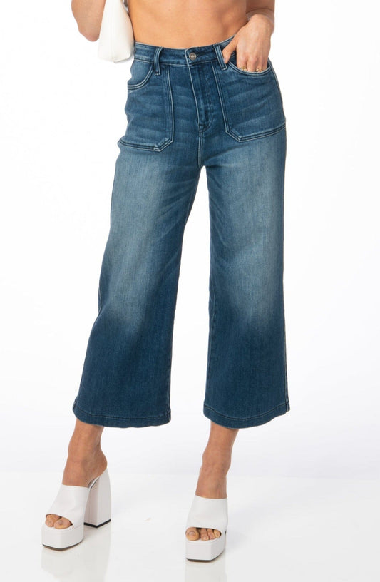 Kancan Denim High Rise Dark Wash Wide Leg Cropped Jeans