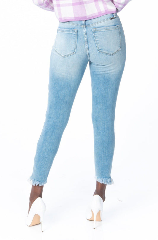 Kancan Denim - Light Wash Mid-Rise Distressed Skinny Jeans with Frayed Hem Denim Kancan 