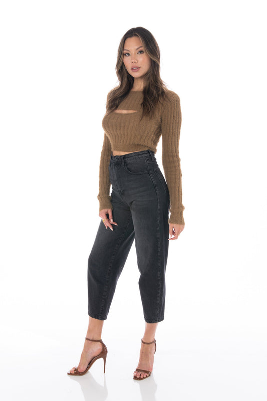 Mocha Cropped Long Sleeve Fuzzy Sweater Tops HYPEACH BOUTIQUE 