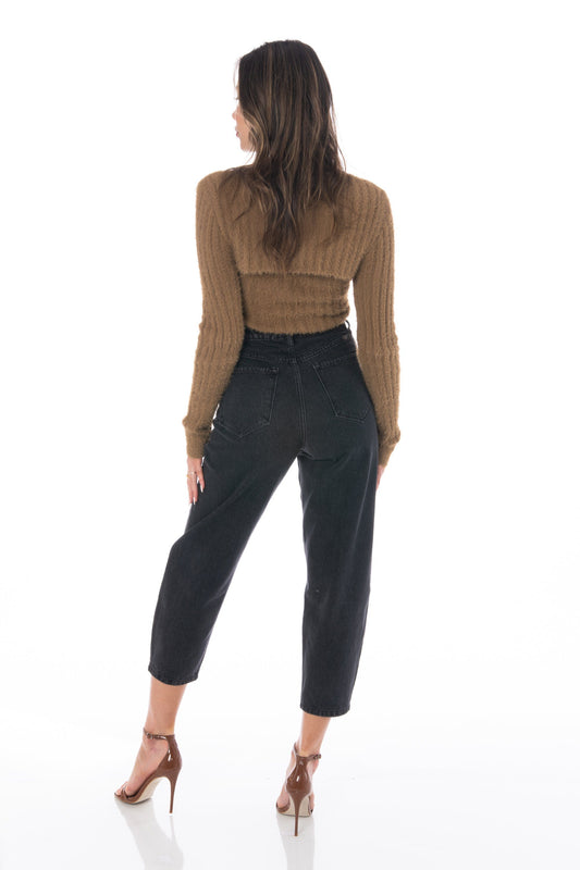Mocha Cropped Long Sleeve Fuzzy Sweater Tops HYPEACH BOUTIQUE 