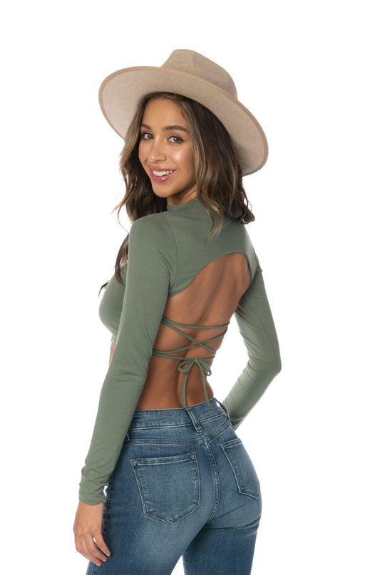 Olive Open Back Long Sleeve Top Tops HYPEACH 