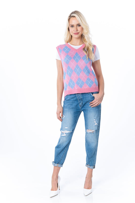 Pebble Beach Pink & Blue V Neck Sweater Vest Tops HYPEACH BOUTIQUE 
