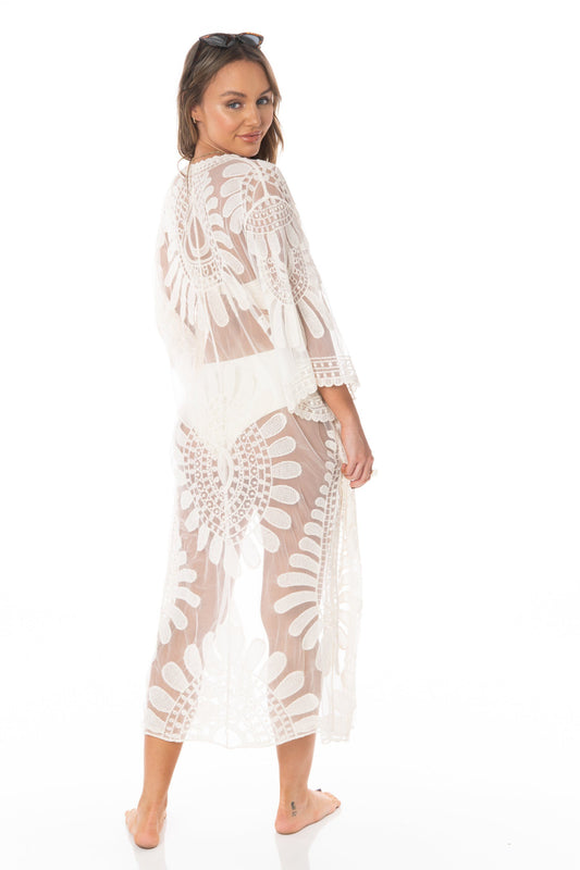 Sheer Mesh and Floral Embroidered Long Sleeve Ivory Cover Up HYPEACH BOUTIQUE 