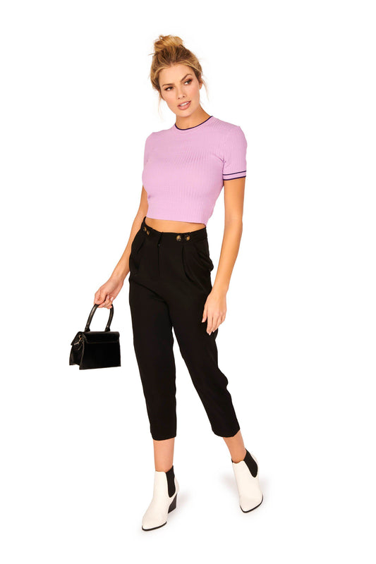 Short Sleeve Ribbed Crew Neck Contrast Knit Sweater Lavender Tops HYPEACH BOUTIQUE 