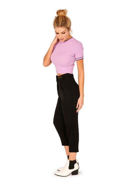 Short Sleeve Ribbed Crew Neck Contrast Knit Sweater Lavender Tops HYPEACH BOUTIQUE 