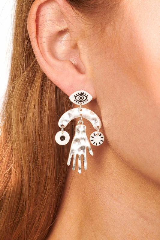 Silver Evil Eye and Hand Drop Earrings Accessories HYPEACH 