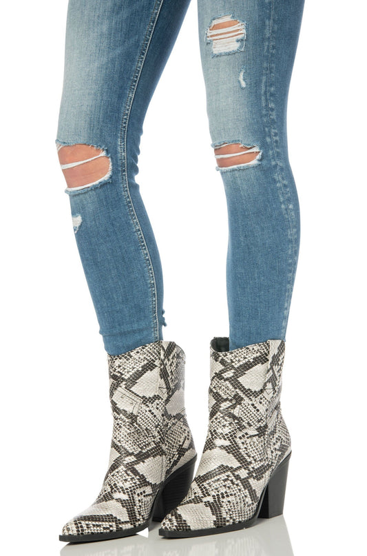Snake Print Western Booties Black & White Shoes HYPEACH 
