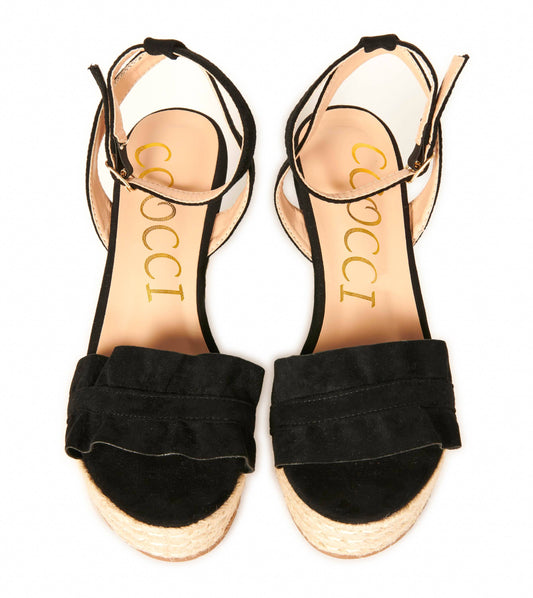 Suede Ankle Strap Open Toe Ruffle Band Espadrille Wedges Black Shoes HYPEACH BOUTIQUE 