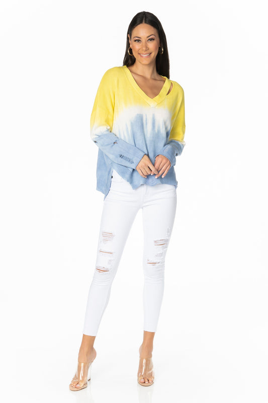 Sunset Yellow Blue Distressed Sweater Tops HYPEACH BOUTIQUE 