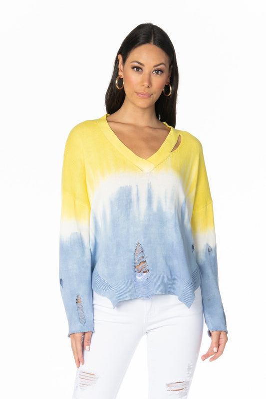 Sunset Yellow Blue Distressed Sweater Tops HYPEACH BOUTIQUE 